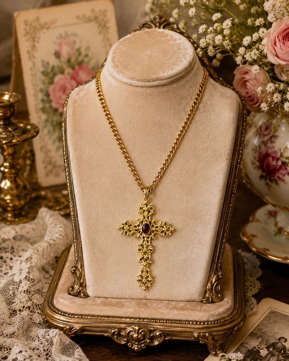 Vintage Avon 1974 Romanesque Filigree Gold Tone Cross Necklace with Red Cabochon
